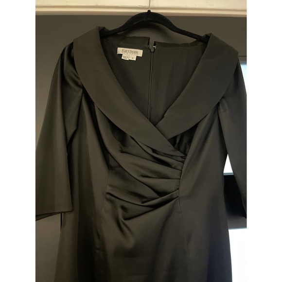 Kay Unger Portrait Black Satin V-Neck Shawl Collared Sheath Evening Dress Size 8 - Picture 6 of 6